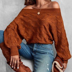 New Off Shoulder Batwing Sleeve Textured Sweater Rust Brown